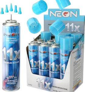 NEON Butane Refill, 11X Ultra-Refined Butane Fuel, 300ml Premium Lighter Fluid with Metal Nozzle & 5 Butane Gas Refill Adapters for Refillable Jet Flame Lighters, Torches, and Culinary Use, 12 Cans