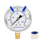 MEASUREMAN PRO 2.5 inch Dial Size, Glycerin Filled Pressure Gauge, 0 to 60psi/kpa, 304 Stainless Steel Case, 1/4" NPT Lower Mount,for Pool Sand Filter, Water Pump, Propane, Coolant, CO2, Gas Test