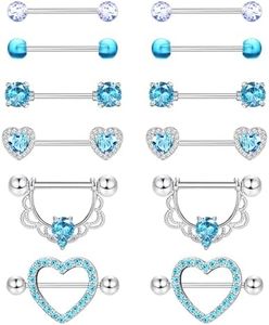 Diamday 6 Paires 14G Piercing Tétons Anneaux pour Femme 316L Acier Inoxydable Lune Étoile Chauve Souris Opale Mamelon Langue Anneau Barbell Piercing Bijoux
