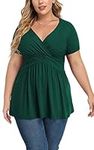 TIANZHU Women's Plus Size Green Top Wrap Shirt Short Sleeve Blouse Dress Tunic Top Maternity Peasant Top Dark Green 2X