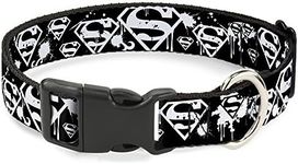 Buckle-Down Plastic Clip Dog Collar, Superman Shield Splatter Black/White, 13 to 18 Neck Size x 1.5 Inch Width