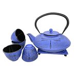 Cuisiland Dragonfly Cast Iron 37oz Teapot Set with 4 Cups Light Blue-Enameled Interior and Stainless Steel Infuser