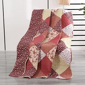 Qucover Quilted Throw Blanket, 59x79 Inch Patterened Patchwork Quilt, Soft Microfiber Reversible Multicolor Shabby Chic Floral Coverlet, Lightweight Bed Quilt Cover for for Couch Sofa