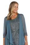 R&M Richards Three Piece Crinkle Pantsuit with a Top and Mesh Chiffon Jacket, Spruce, 14 Plus