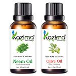 KAZIMA Combo of Neem Oil and Olive Oil - 100% Pure Cold Pressed Carrier Oil for Acne, Scars, Wrinkles, Hair Growth, Massage & Skin Moisturizing, 15 ml each