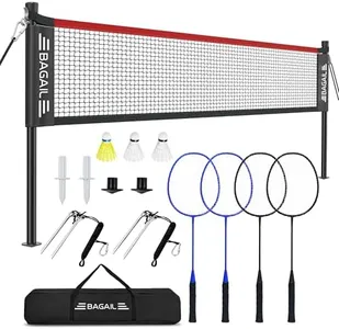 BAGAIL Outdoor Badminton Net Set with Anti-Sag Winch System - Official Size 20ft x 5ft, 4 Rackets, 3 Shuttlecocks, Durable PE Net & Carry Bag for Backyard, Beach, Family Games - Red