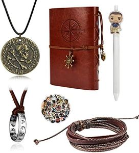 UoYu Uncharted 4 Jewelry Set Drake Engraved Skull Bronze Coin Necklace Ring Necklace Handmade Leather Bracelet Leather Writing Journal Notebook with Pen Movie Stickers 30 pcs, Vinyl PU, No Gemstone