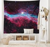 ABAKUHAUS Pink Tapestry, Science Cosmos Outer Space Galaxy Print Universe Stars Astronomy Nebula Theme, Fabric Wall Hanging Decor for Bedroom Living Room Dorm, 90 W X 54 L, Magenta and Black