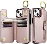 SAMONPOW for iPhone 13 Case Wallet with Card Holder, Folio Flip Premium PU Leather Kickstand Card Slots Case, Double Strong Magnetic Clasp Durable Shockproof Wallet Phone Case for iPhone 13, Rose Gold