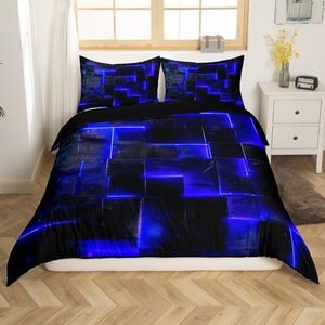 Erosebridal 3D Geometric Bedding Sets Queen Abstract Aesthetic Comforter Cover, Black and Navy Blue Bed Set Glowing Futuristic Cubes Queen Duvet Cover Neon Grid Quilt Cover 3pcs (Black Reversible)