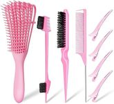 8Pcs Hair Brush Set,Detangling Brush with Hair Styling Comb Set,Hairbrush Set includ Detangler Brush Teasing Hair Brush Rat Tail Comb Edge Brush,with 4 Duckbill Clips (Pink)