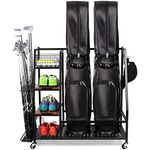 Sttoraboks Golf Bags Storage Garage Organizer, Golf Bag Rack Fits 2/3 Golf Bags and Golf Equipment Accessories, Golf Club Storage Stand with Wooden Shelf and Lockable Wheels for Garage Indoor Basement