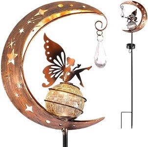 Moon Fairy Solar Light Outdoor Garden Fairy Stake Lights IP55 Waterproof Lawn Lamp Metal Fairy Butterfly Yard Lamp Decorative Moon Solar Lights for Garden Patio Path Yard Décor