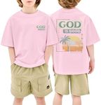 KEEVICI Boys God is Good Shirt Christian Faith Shirts for Kids Jesus Beach Palm Tree Hawaiian Tshirt Graphic Tees Cotton Tops(Pink,120)