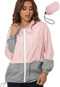 YAOBAOLE Women's Casual Lightweight Windbreaker Color Block Drawstring Raincoat Waterproof Rain Jackets with Hood Pink M