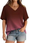 Womens Tops Short Sleeve Shirts Summer Outfits 2025 Fashion Trendy V Neck Dressy Casual Blouses Spring Clothes Ombre Burgundy 2XL