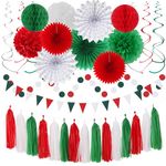 Red-Green White Christmas Party-Decorations - 33pcs Banner,Mexico Italy Streamers Tassel Garland,Tissue Pom Poms Honeycomb,Paper Lantern Fans,Mexican Italian Birthday Wedding Baby Shower Decor Hugtmr