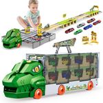 BAKAM Car Carrier Truck Toy for Kids 3-5 Years Old, Mega Transport Truck with Ejection Race Track, Catapulting Car Toys Birthday Gifts for Boys Girls, Includes 6 Alloy Toy Cars (Green)