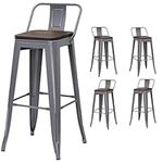 H JINHUI Bar Stools, Set of 4 Metal Tall Bar Stools with Backrest, Breakfast Bar Stools for Kitchen, Square Bar Chairs with Footrest, 76cm High Metal Frame Bar Stools with Solid Wood Seat (Gun gray)