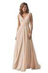 PENSILOO Women's V Neck Chiffon Boho Bridesmaid Dresses Long A-line Pleated Formal Evening Prom Gowns Nude Pink US20W