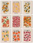 Fruit Market Wall Art Print Set of 9, Abstract Colorful Fruit Posters, Fruit Market Prints Lemon Orange Banana Strawberry Mango Grapefruit Kitchen Gallery Wall Decor, Canvas Paintings for Dining Room,