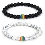 PHOGARY Gay Pride LGBT Bracelets (2 Packs), Rainbow Bead Couple Distance Bracelets, Black + White Agate Beads Lesbian Bracelet Gay Accessories