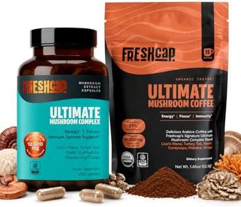 FreshCap Ultimate Mushroom Complex 120ct + Mushroom Coffee 15 Servings Travel Pack Bundle, Organic Fruiting Body Mushroom Extracts, 29% Beta-Glucans, Focus, Energy & Immune Support