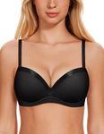 WingsLove Women's Push Up Bra Padded Comfortable Plunge T Shirt Bras Underwire Support Lift Up Add One Cup, Black, 34B