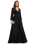 Ever-Pretty Women's Glitter A Line V Neck Pleated Long Sleeve Evening Dress Black 14UK