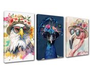 3 Piece Canvas Wall Art Lovely Animals Birds Pictures Peacock Flamingo Bald Eagle Paintings Contemporary Room Artwork Colourful Home Decor for Living Room Wooden Framed Ready to Hang 42''Wx20''H