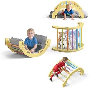 COSYLAND Kids Climber Arch Rocker with Cushion - Solid Wood Indoor Pikler Climbing Toys for Toddler with Handrails - Scentless Indoor Playground Arch Climbing Ladder (Yellow Frame, Rainbow Sticks)
