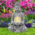 Goodeco Meditating Buddha Ornament with Solar Light,Zen Solar Garden Buddha Statue with Cracked glass ball sculpture-Indoor/Outdoor Decor Gifts for Balcony,Garden,Patio, Porch Yard Art,26.5cm(Grey)