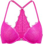 DOBREVA Women's Push Up Racerback Bra Front Closure Lace Halter Plunge Bras Padded Full Coverage Underwire Bright Fuchsia 32A