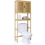 SMIBUY Bathroom Over The Toilet Storage Cabinet, 2 Door Bamboo Cabinet Organizer, Freestanding Space Saver Toilet Rack with Adjustable Inside Shelf and Open Shelf (Natural)