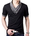 YTD 100% Cotton Mens Casual V-Neck Button Slim Muscle Tops Tee Short Sleeve T- Shirts (US Large, Black)