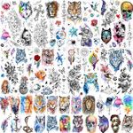 LAROI 31 Sheets Watercolor Temporary Tattoos For Kids Women Men Adults, Rose Peony Flower Fake Tattoo Stickers, Colorful Planets Star Animals Tattoos Tiger Wolf Lion Unicorn Astronaut Compass Anchor