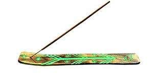 STORE INDYA Handmade Wooden Incense Stick Holder Burner with Green Hand Painted Pattern/Ash Catcher for Insense Sticks and Joss Sticks/Great Gift for Any Occasion size 10x1.5 inch