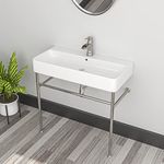 Sarlai White Console Sink Vessel - 35 Inch Console Sink White Ceramic Bathroom Vanity Sink Basin with Silver Chrome Steel Pedestal Leg