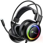 ABKONCORE Gaming Headset for PS4, PC, Laptop, PS4 Gaming Headset with Noise Canceling Microphone 7.1 Virtual Surround Sound, Gaming Headphones with Bass Vibration, RGB LED Lights, On Ear Controller