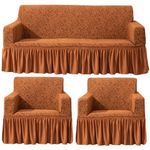 HOKIPO Universal Stretchable 5 Seater (3+1+1) Sofa Cover with Ruffle Skirt, Caramel Brown (AR-4646-J4*2 + AR-4648-J4)