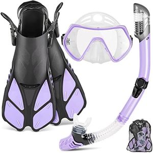 ZEEPORTE Mask Fin Snorkel Set, Travel Size Snorkeling Gear for Adults with Panoramic View Anti-Fog Mask, Trek Fins, Dry Top Snorkel and Gear Bag for Swimming Training, Snorkeling Kit Diving Packages