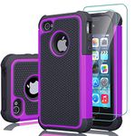 Case for iPhone 4, iPhone 4S Case with [2 Pack] Tempered Glass Screen Protector, Shockproof Defender Armor Protective Dual Layer Hybrid TPU Plastic Rugged Case for Apple iPhone 4S/iPhone 4 - Purple