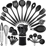 Silicone Cooking Utensils Set, 28PCS Kitchen Utensils Set with Holder, AIKWI Heat-Resistant & Non-stick Silicone Spatula, Tongs,Spoon for Cooking, BPA Free Kitchen Tools Gift (Black)