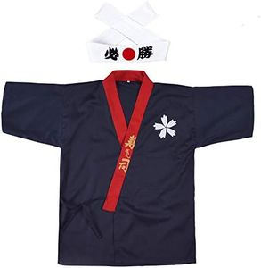 Japanese Sushi Chef Coat Uniforms Kimono for Unisex White Certain Victory Headband, Navy Blue(wafu), M(Asia L)