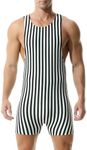 DTODWW Mens Striped Wrestling Singlet Bodysuit One Piece Swimsuit Stretchy Base Layers Pajamas Leotard Athletic Jumpsuit