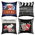 Set of 4 Movie Theater Outdoor Throw Pillow Covers, Cinema Poster Director Cushion Case for Home Living Room Decor, Reversible Popcorn Vintage Old Fashion Decorative Throw Cushion Case, 16x16 Inches