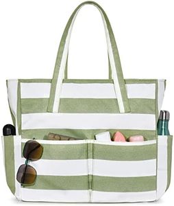 oscaurt Large Beach Bag with 9 Pockets, Waterproof Beach Bags for Women, Sandproof Summer Beach Tote Bag Holiday Essentials Shopping Bag Travel Bag Handbags for Pool Gym, Green Stripe, XXL