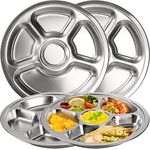 ZOOFOX Set of 4 Stainless Steel Plates, Stainless Steel Divided Dinner Plate with 5 Sections, Round Serving Platter, Cafeteria Mess Tray, Camping Dishes, 11 Inches