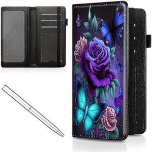Mxfdegf Checkbook Cover for Men & Women, with Card Slot Pen Hoop, Leather Checkbook Register Holder Money Slim Wallet with RFID Blocking Elastic Strap, Blue Pink Roses Butterfly, Compact