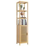 HITNET Bathroom Floor Cabinet, 6 Tier Tall Thin Linen Tower Storage Cabinet Free Standing Bamboo, Kitchen Side Organizer with 3 Shelves and Cupboard, Natural